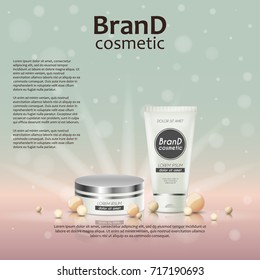 3D realistic cosmetic bottle ads template. Cosmetic brand advertising concept design on glowing background with pearls and sparkles.