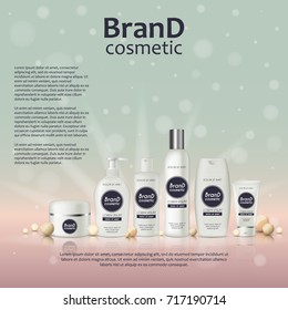 3D realistic cosmetic bottle ads template. Cosmetic brand advertising concept design on glowing background with pearls and sparkles.