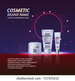 3D realistic cosmetic bottle ads template. Cosmetic brand advertising concept design with glitters and sparkles abstract sky background.