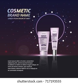 3D realistic cosmetic bottle ads template. Cosmetic brand advertising concept design with glitters and sparkles abstract sky background.