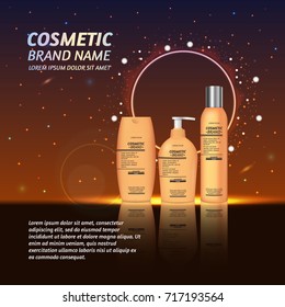 3D realistic cosmetic bottle ads template. Cosmetic brand advertising concept design with glitters and sparkles abstract sky background.