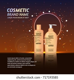 3D realistic cosmetic bottle ads template. Cosmetic brand advertising concept design with glitters and sparkles abstract sky background.