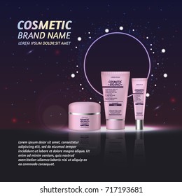 3D realistic cosmetic bottle ads template. Cosmetic brand advertising concept design with glitters and sparkles abstract sky background.