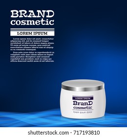 3D realistic cosmetic bottle ads template. Cosmetic brand advertising concept design with abstract glowing waves.