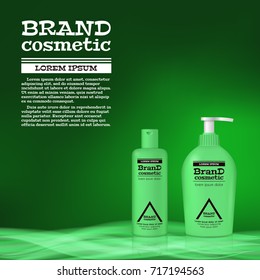3D realistic cosmetic bottle ads template. Cosmetic brand advertising concept design with abstract glowing waves.