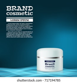3D realistic cosmetic bottle ads template. Cosmetic brand advertising concept design with abstract glowing waves.