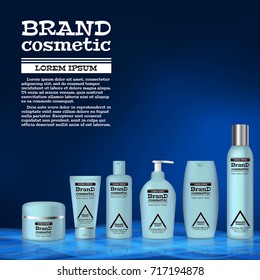 3D realistic cosmetic bottle ads template. Cosmetic brand advertising concept design with abstract glowing waves.