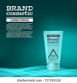 3D realistic cosmetic bottle ads template. Cosmetic brand advertising concept design with abstract glowing waves.