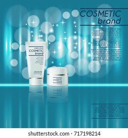 3D realistic cosmetic bottle ads template. Cosmetic brand advertising concept design with glitters and bokeh background.