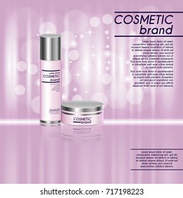 3D realistic cosmetic bottle ads template. Cosmetic brand advertising concept design with glitters and bokeh background.
