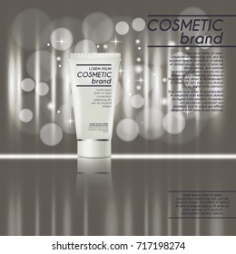 3D realistic cosmetic bottle ads template. Cosmetic brand advertising concept design with glitters and bokeh background.