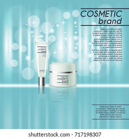 3D realistic cosmetic bottle ads template. Cosmetic brand advertising concept design with glitters and bokeh background.