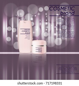 3D realistic cosmetic bottle ads template. Cosmetic brand advertising concept design with glitters and bokeh background.