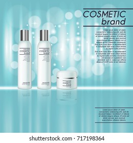 3D realistic cosmetic bottle ads template. Cosmetic brand advertising concept design with glitters and bokeh background.
