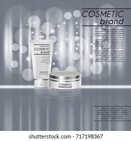 3D realistic cosmetic bottle ads template. Cosmetic brand advertising concept design with glitters and bokeh background.