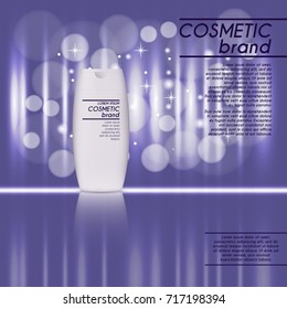 3D realistic cosmetic bottle ads template. Cosmetic brand advertising concept design with glitters and bokeh background.