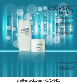 3D realistic cosmetic bottle ads template. Cosmetic brand advertising concept design with glitters and bokeh background.