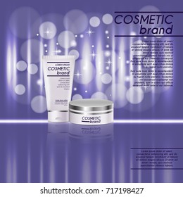 3D realistic cosmetic bottle ads template. Cosmetic brand advertising concept design with glitters and bokeh background.