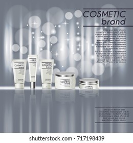 3D realistic cosmetic bottle ads template. Cosmetic brand advertising concept design with glitters and bokeh background.