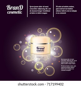 3D realistic cosmetic bottle ads template. Cosmetic brand advertising concept design with bubbles and sparkles.