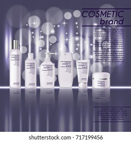 3D realistic cosmetic bottle ads template. Cosmetic brand advertising concept design with glitters and bokeh background.