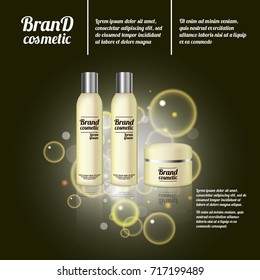 3D realistic cosmetic bottle ads template. Cosmetic brand advertising concept design with bubbles and sparkles.