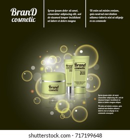 3D realistic cosmetic bottle ads template. Cosmetic brand advertising concept design with bubbles and sparkles.