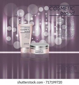 3D realistic cosmetic bottle ads template. Cosmetic brand advertising concept design with glitters and bokeh background.