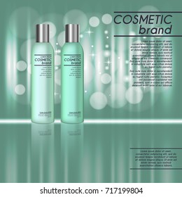 3D realistic cosmetic bottle ads template. Cosmetic brand advertising concept design with glitters and bokeh background.