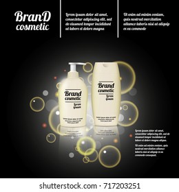 3D realistic cosmetic bottle ads template. Cosmetic brand advertising concept design with bubbles and sparkles.