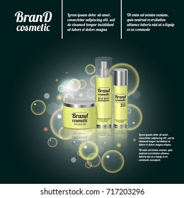 3D realistic cosmetic bottle ads template. Cosmetic brand advertising concept design with bubbles and sparkles.