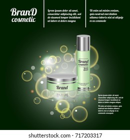 3D realistic cosmetic bottle ads template. Cosmetic brand advertising concept design with bubbles and sparkles.