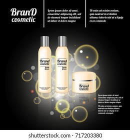 3D realistic cosmetic bottle ads template. Cosmetic brand advertising concept design with bubbles and sparkles.