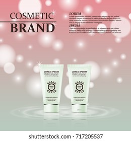 3D realistic cosmetic bottle ads template. Cosmetic brand advertising concept design with glitters and bokeh background.