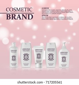 3D realistic cosmetic bottle ads template. Cosmetic brand advertising concept design with glitters and bokeh background.