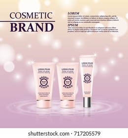 3D realistic cosmetic bottle ads template. Cosmetic brand advertising concept design with glitters and bokeh background.