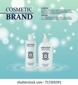 3D realistic cosmetic bottle ads template. Cosmetic brand advertising concept design with glitters and bokeh background.