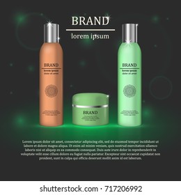 3D realistic cosmetic bottle ads template. Cosmetic brand advertising concept design with glitters and bokeh background.