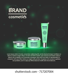 3D realistic cosmetic bottle ads template. Cosmetic brand advertising concept design with glitters and bokeh background.