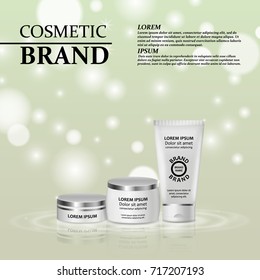 3D realistic cosmetic bottle ads template. Cosmetic brand advertising concept design with glitters and bokeh background.