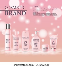 3D realistic cosmetic bottle ads template. Cosmetic brand advertising concept design with glitters and bokeh background.