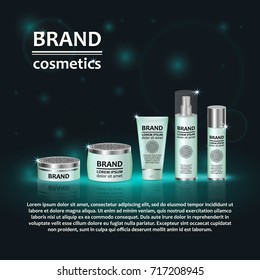 3D realistic cosmetic bottle ads template. Cosmetic brand advertising concept design with glitters and bokeh background.