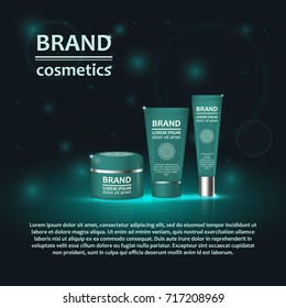 3D realistic cosmetic bottle ads template. Cosmetic brand advertising concept design with glitters and bokeh background.