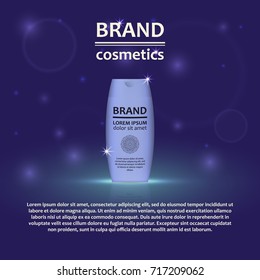 3D realistic cosmetic bottle ads template. Cosmetic brand advertising concept design with glitters and bokeh background.