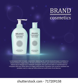 3D realistic cosmetic bottle ads template. Cosmetic brand advertising concept design with glitters and bokeh background.