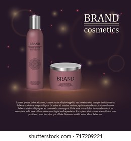 3D realistic cosmetic bottle ads template. Cosmetic brand advertising concept design with glitters and bokeh background.