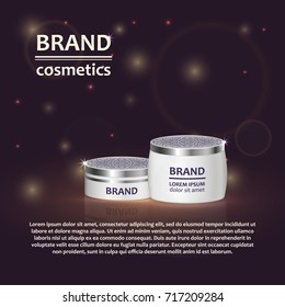 3D realistic cosmetic bottle ads template. Cosmetic brand advertising concept design with glitters and bokeh background.