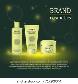 3D realistic cosmetic bottle ads template. Cosmetic brand advertising concept design with glitters and bokeh background.