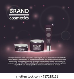 3D realistic cosmetic bottle ads template. Cosmetic brand advertising concept design with glitters and bokeh background.