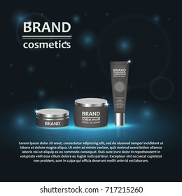 3D realistic cosmetic bottle ads template. Cosmetic brand advertising concept design with glitters and bokeh background.